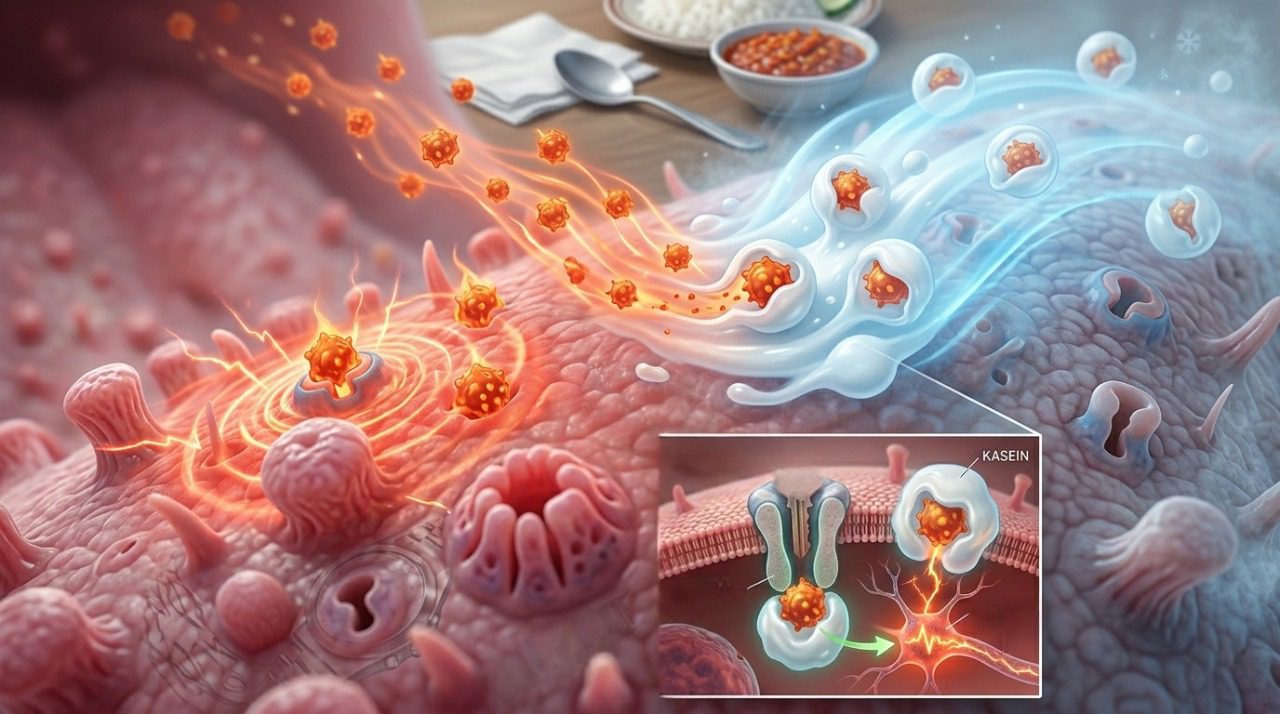 Ilustrasi protein kasein membungkus molekul capsaicin dan menjauhkan dari reseptor nyeri