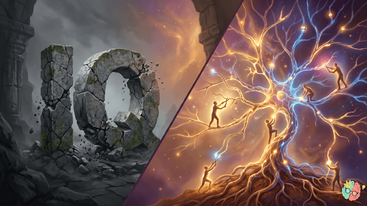 Ilustrasi perbandingan visual antara angka IQ yang kaku dengan jaringan neuron yang hidup