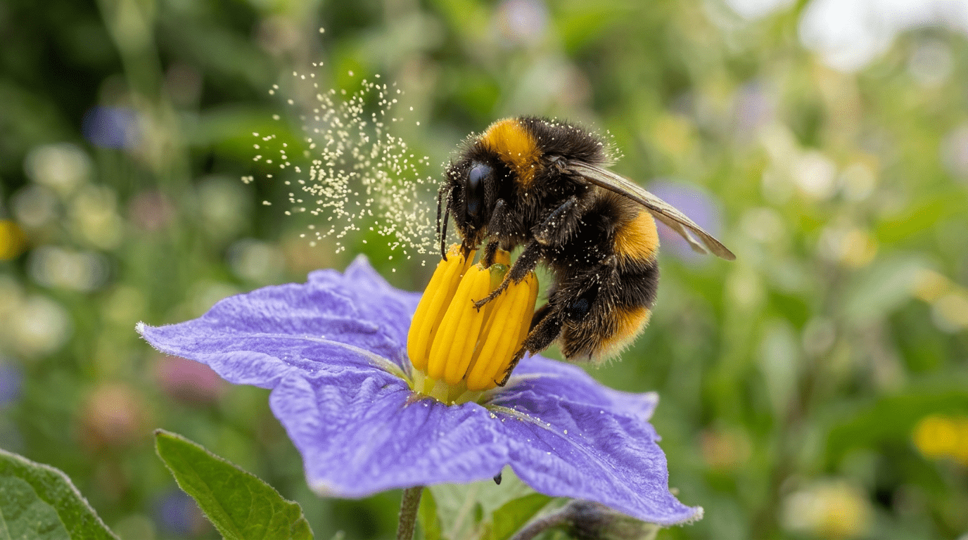 Lebah berdengung di atas bunga, ilustrasi buzz pollination dan respons akustik tanaman