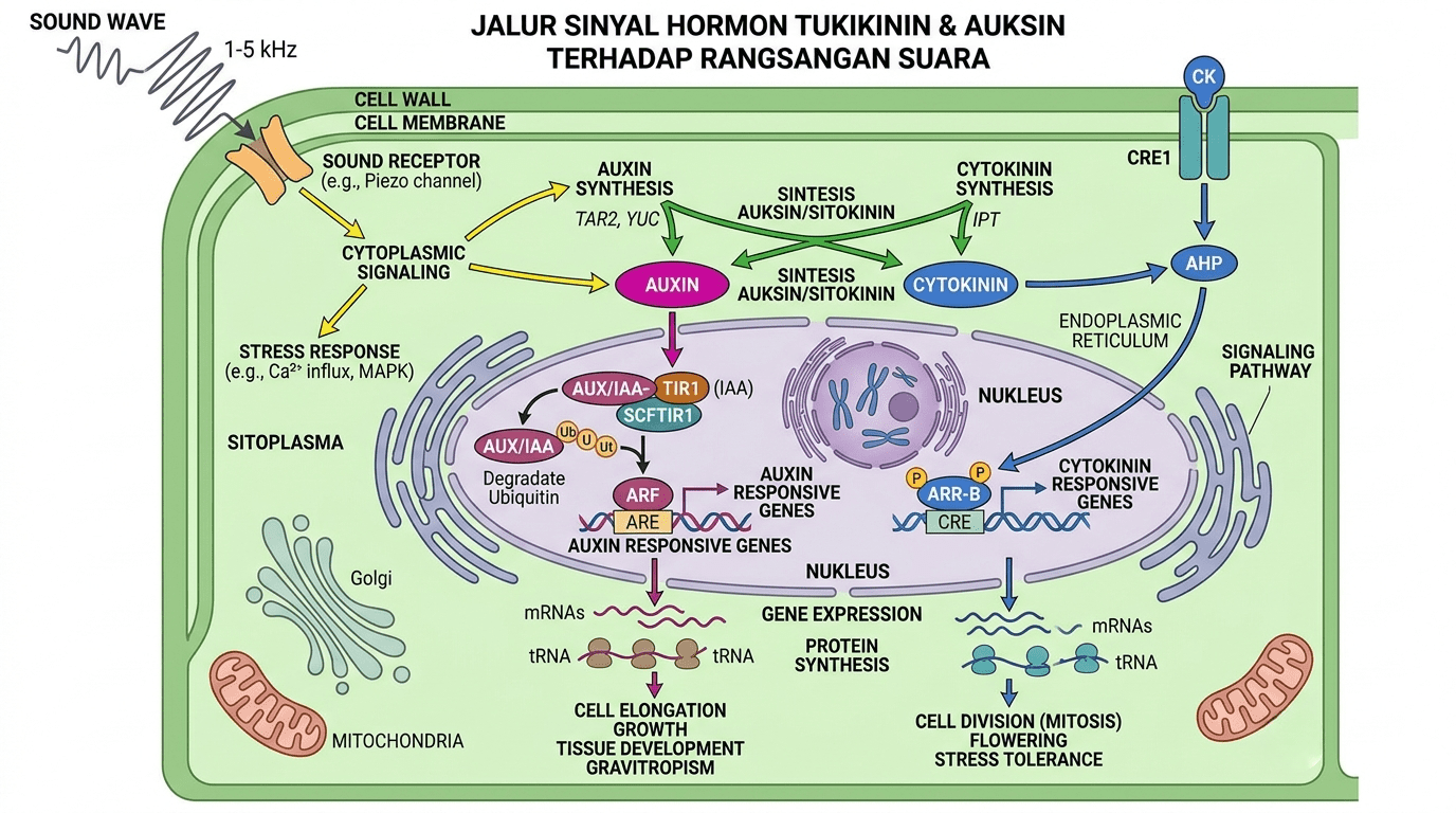 Diagram jalur sinyal hormon auksin dan sitokinin dalam sel tanaman yang dirangsang suara